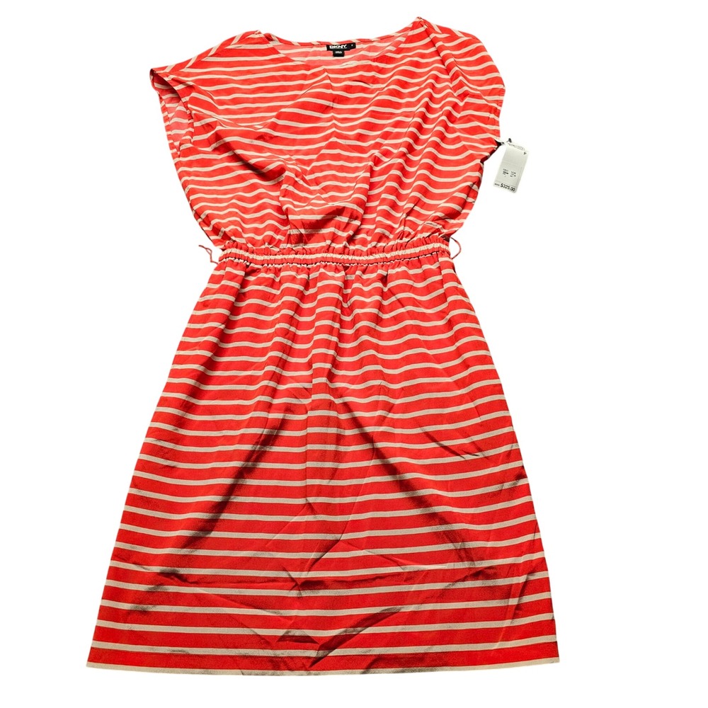 DKNY Silk Blend Striped Dress Petite P Red Tan Sleeveless Casual Summer Mini